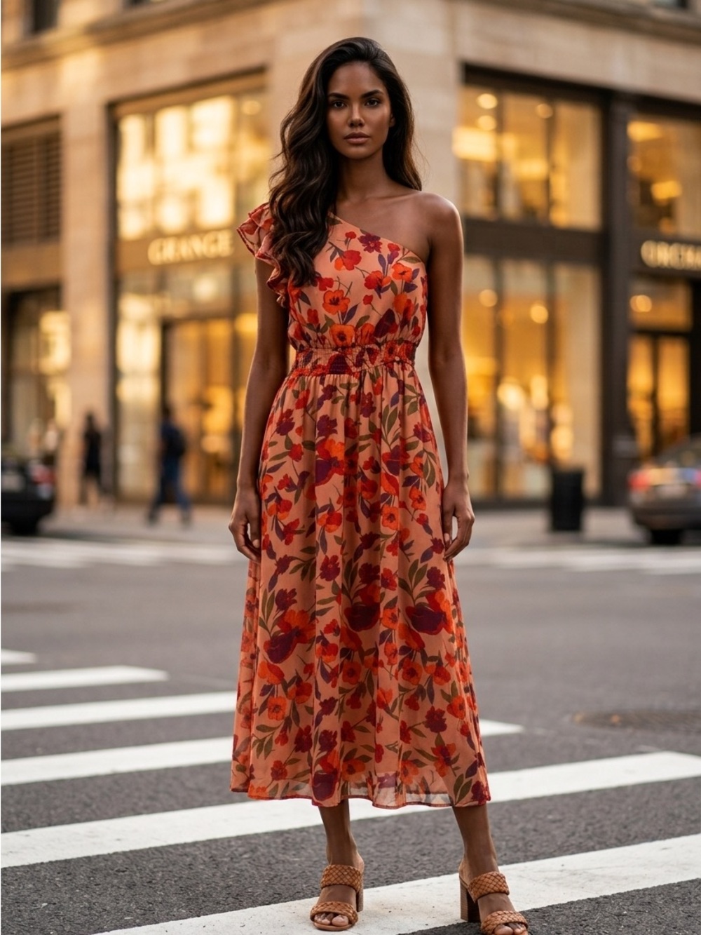 ZESICA Floral Sleeveless dress in Peach & Red off the shoulder